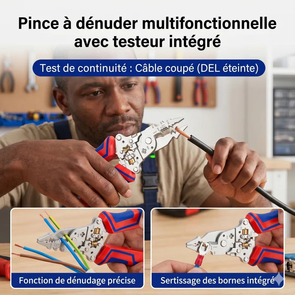 Pince à dénuder multifonctionnelle à bec effilé avec testeur de tension