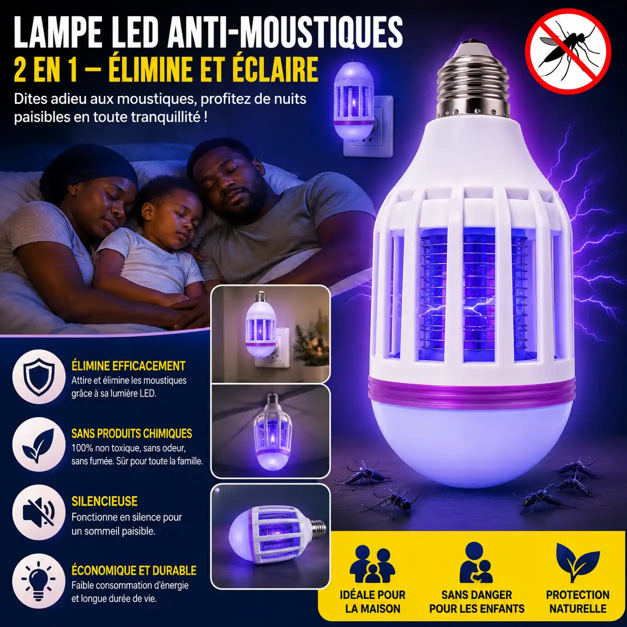 Lampe LED piège électrique tueur moustique lumière bleu non toxique Lampe LED anti moustique 2 en 1